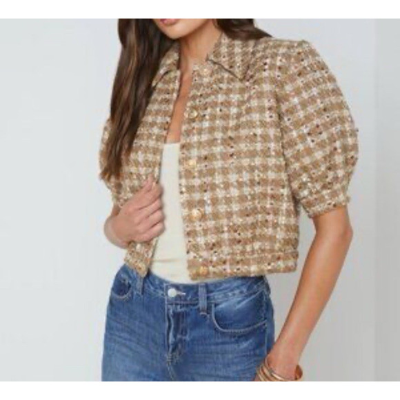 AUTH L'AGENCE Cove Cropped Tweed Jacket Coat Dark Cappuccino/Gold Multi US8 - Picture 1 of 7